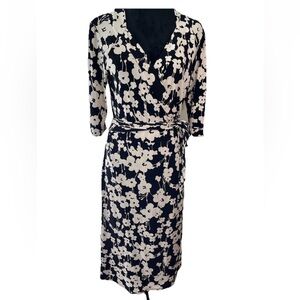 Merona‎ black white floral ladies size MED Y2K wrap dress V-neck A-line stretch